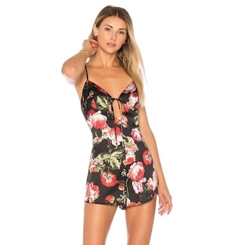 REVOLVE By The Way Brita Floral Satin Cami Romper Dress Black Slip Tie front New